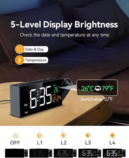 Netzu Projection Clock for Bedroom Ceiling, Alarm Clocks with 180° Rotatable Projector, Date Temperature and Weekday, Manual DST, 5 Brightness, 10 Ringtones, 4 Volumes and Snooze (Black)