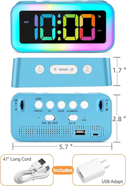 Cadmos Loud Alarm Clock for Bedrooms with Dynamic RGB Night Light,Heavy Sleepers Adults,Dual Alarm,Dimmer,USB Charger,Small Bedside Digital Clock with Led Display for Kids,Teens,Seniors (Blue)