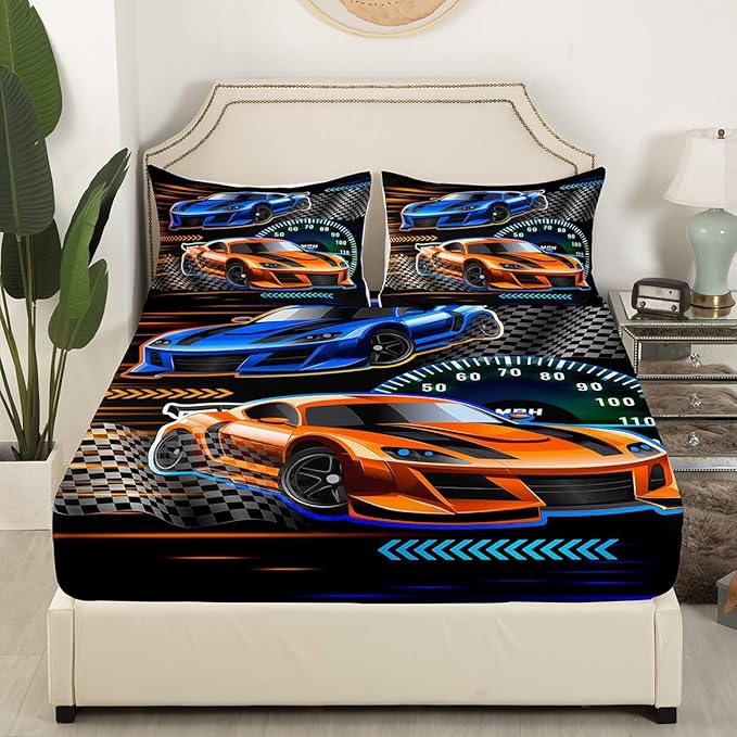 Cartoon Street Style Bed Sheet Set 3 Pieces,Extreme Sports Microfiber Bedding Set with Flat,Racing Car Fitted Sheet,2 Pillow Cases,Full Size