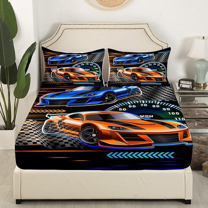 Cartoon Street Style Bed Sheet Set 3 Pieces,Extreme Sports Microfiber Bedding Set with Flat,Racing Car Fitted Sheet,2 Pillow Cases,Full Size