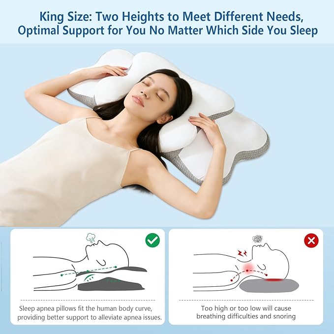 Ergonomic Pillow for Sleep Apnea, Neck Pain, and Snoring Relief | Cervical Neck Pillow for Side Sleepers | Orthopedic Memory Foam with Ergonomic Support, White, Large
