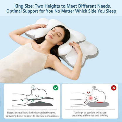 Ergonomic Pillow for Sleep Apnea, Neck Pain, and Snoring Relief | Cervical Neck Pillow for Side Sleepers | Orthopedic Memory Foam with Ergonomic Support, White, Large