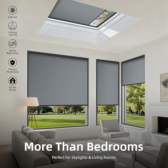 ZSTARR Motorized Skylight Shades Blackout Cellular Honeycomb Electric Blinds with Solar Panel Cordless Rechargeable with Remote for Roof and Slanted Windows Custom Size (Black Out Deep Grey)