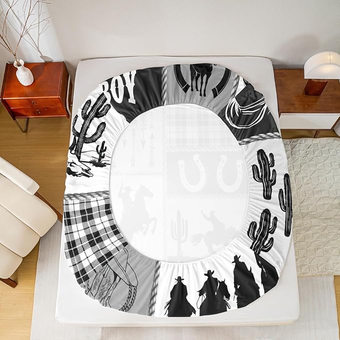 Western Cowboy Kids Sheet Twin Size,Cactus Geometric Plaids Patch Bedding Set,Boys Girls Adults Room Decor,Horseshoe Rustic Farmhouse Black Retro Bed Sheet Set 3pcs(Fitted + Flat + 1 Pillowcase)