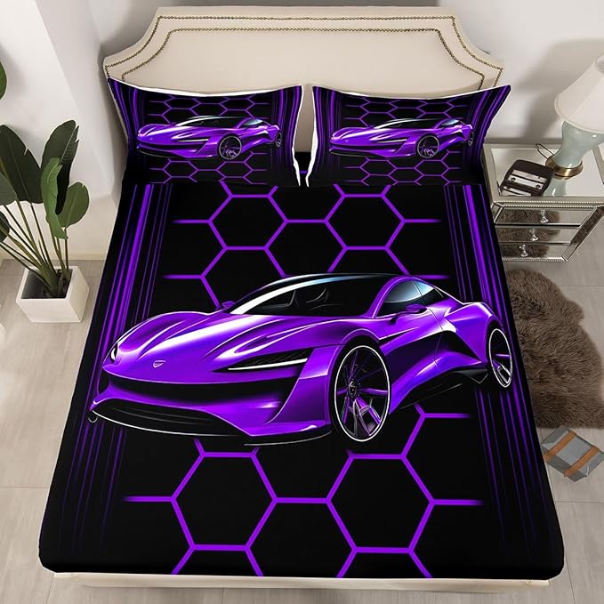 Racing Car Theme Fitted Sheet Neon Lines Honeycomb Geometric Bed Sheet Set for Kids Children Teens Purple Sports Car Bed Cover Toddler Bedroom Decor,Twin Size