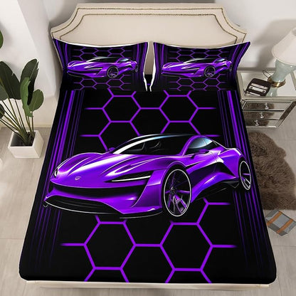 Racing Car Theme Fitted Sheet Neon Lines Honeycomb Geometric Bed Sheet Set for Kids Children Teens Purple Sports Car Bed Cover Toddler Bedroom Decor,Twin Size