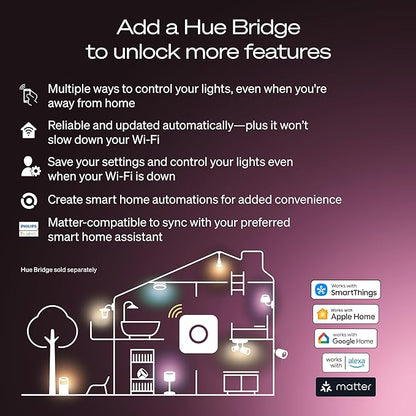 Philips Hue Smart LED A19 Bulb 4-Pack, Warm White Light 2700K, E26 Base, 9W, 810 Lumens, Dimmable, Works with Alexa, Google Assistant, and Apple Home