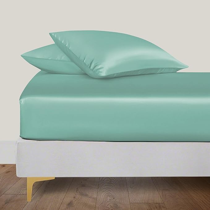 LINENWALAS Fitted Sheet Only Viscose Derived from Bamboo, Bottom Sheet for Queen Size Bed – 16” Deep Pocket, All Around Snug Fit – Cooling, Breathable, Soft, Hypoallergenic (Aqua, Queen)