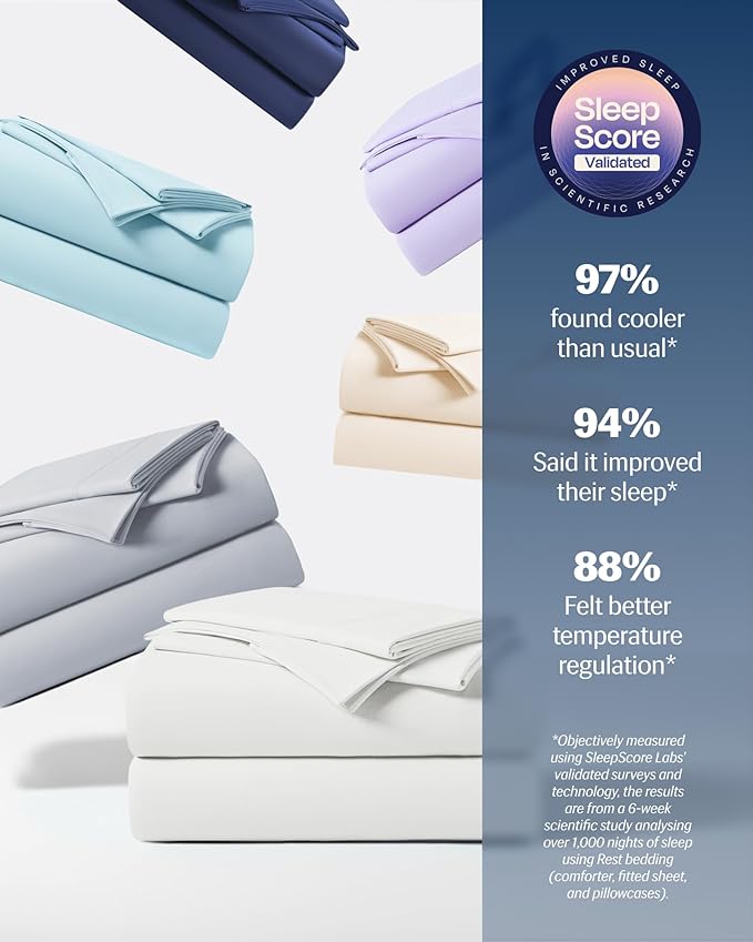 REST® Evercool®+ Cooling Sheet Set, Full Size, Arctic White, Breathable Bed Sheets for Hot Sleeper and Night Sweats, with Pillowcases, with Ionic+ Self-Cleaning Silver Yarn for Sensitive Skin, 4PCS