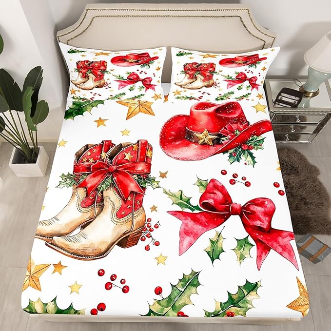 Western Cowgirl Fitted Sheet Full Size 3 Pcs,Red Bowknot Tribal Boots Cap Texas Star Collections(No Flat Sheet),Christmas Poinsettia Leaves Princess Bow Bedding Deep Pocket for Kids
