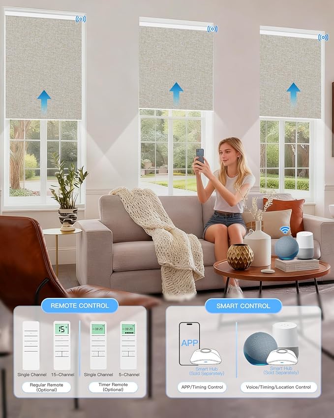 Motorized Roller Shade with Remote Control, Blackout Electric Shade for Windows Compatible with Alexa Google via Hub, Rechargeable Smart Window Blind Customized Size (Fabric Beige)