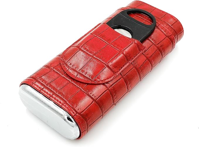 Red Cigar Case with Cutter - Portable Leather Travel Cigar Holder and Small Humidifier Kit for Women