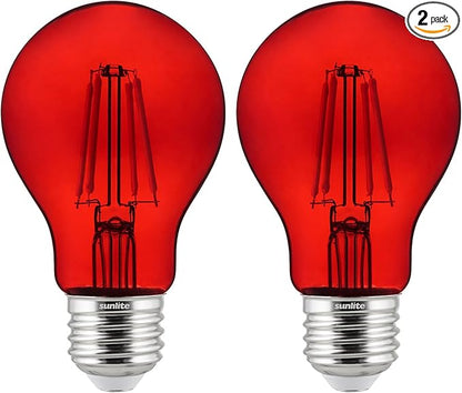 Sunlite 81082 LED Colored Filament A19 Light Bulb, 4.5 Watts, Medium E26 Base, 120 Volts, Transparent Red, Dimmable, 320 Degree Beam Angle, UL Listed, 2 Count