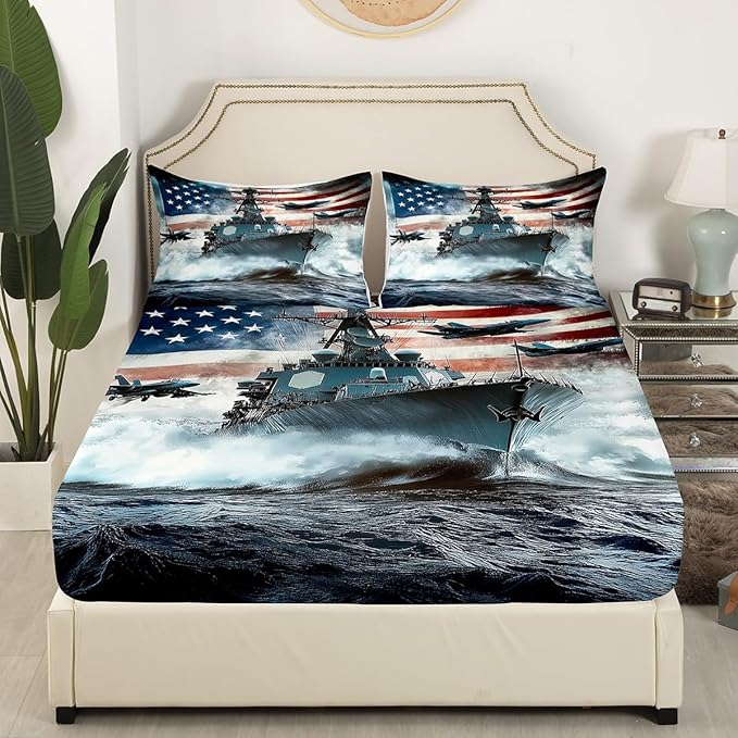 Warship Kids Fitted Sheet Queen Size,Warplane Aviation Aircraft Combat Ship in The Sea Bedding Set,Boys Men Room Decor,Tie-dye Ink American Flag Bed Cover,Grey Bed Sheet,2 Pillowcases(No Top Sheet)