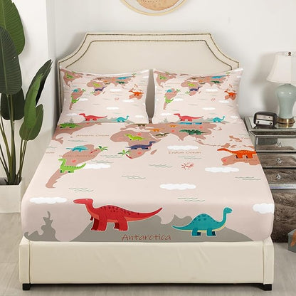 Kawaii Dinosaur Fitted Bottom Sheet Full Size,World Land Ocean Silhouette Sheet Set Soft Polyester Bedding(No Top Sheet),Cartoon Wildlife Rustic Trees Bed Cover(1 Fitted Sheet+2 Pillow Cases)
