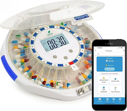 JULOS Bluetooth Automatic Pill Dispenser with Sound/Light/App Alerts for Seniors, Locked 28-Day Medication Organizer, up to 9 Alarms/Day, Pill Dispenser for Vitamins & Supplements & More, Clear Lid