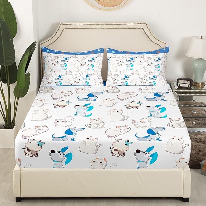 Kawaii Animal Fitted Bottom Sheet Full Size,Cartoon Cat Puppy Cow Sheet Set Soft Polyester Bedding(No Top Sheet),Watercolor Paw Print Cute Dog Bed Cover(1 Fitted Sheet+2 Pillow Cases)