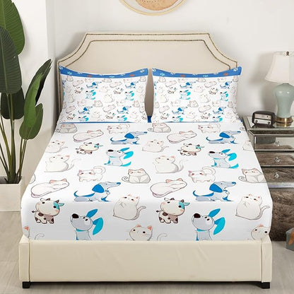 Kawaii Animal Fitted Bottom Sheet Twin Size,Cartoon Cat Puppy Cow Sheet Set Soft Polyester Bedding(No Top Sheet),Watercolor Paw Print Cute Dog Bed Cover(1 Fitted Sheet+1 Pillow Case)