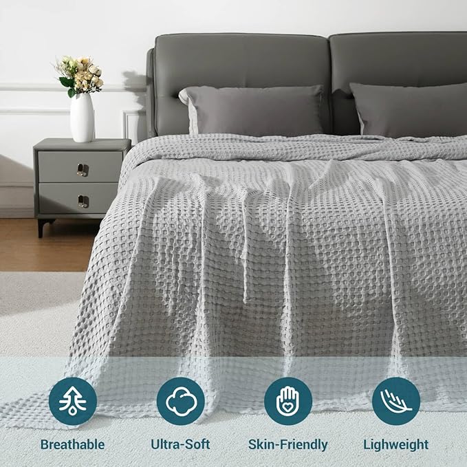 Aganear Waffle Blanket - Lightweight Breathable Summer Blanket of 50% Cotton and 50% Rayon Derived from Bamboo for Hot Sleepers Luxury Throws for Bed, Couch and Sofa,Grey,90x90 Inches