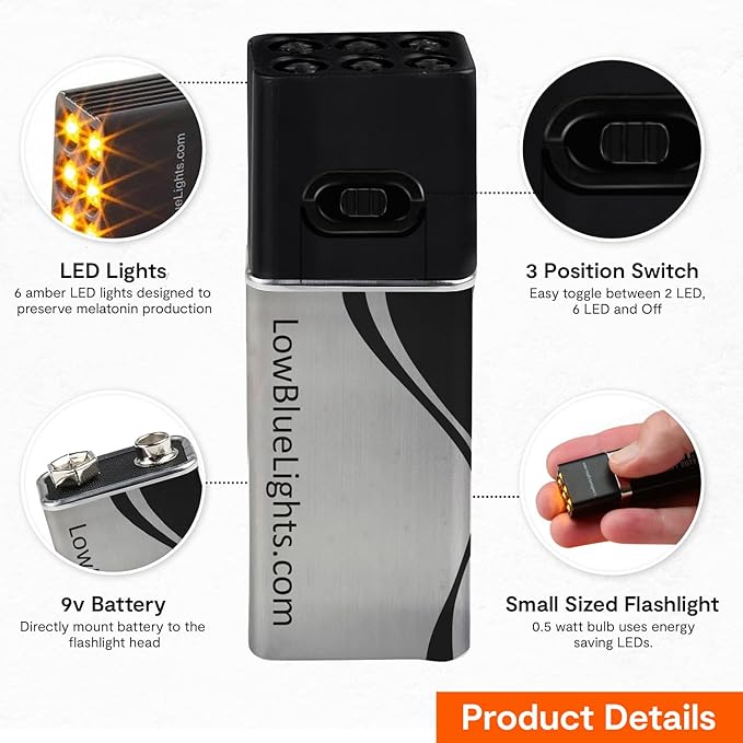 LowBlueLights Mini Amber Flashlight, 9V-Battery, Blue Light Blocking Amber LED Flashlight, Small Pocket Flashlight for Eye Care & Sleep Aid