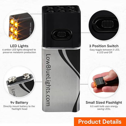 LowBlueLights Mini Amber Flashlight, 9V-Battery, Blue Light Blocking Amber LED Flashlight, Small Pocket Flashlight for Eye Care & Sleep Aid