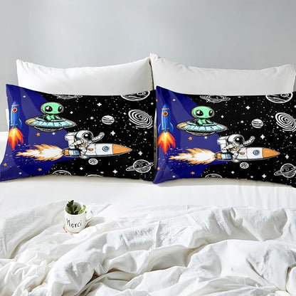Galaxy Astronaut Fitted Sheet Queen Size Cartoon Alien Spaceship Rocket Outer Space Bedding Sheet Set,Starry Universe Nebula Planets Glitter Bed Cover Bedding 3 Pcs(No Flat Sheet)