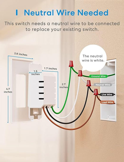 Meross Smart Light Switch Supports Apple Homekit, Siri, Alexa, Google Assistant & SmartThings, 2.4Ghz WiFi Light Switch, Neutral Wire Required, Single Pole, Remote Control Schedule, 2 Pack