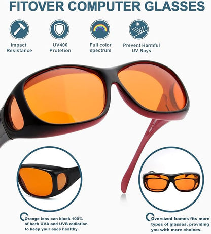 BLUELESS Fit over Blue Blocking Glasses with Orange Tinted Lens Sleep Glasses, Black Red