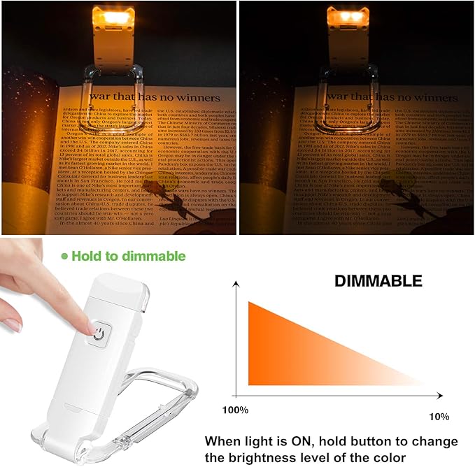 BIGLIGHT Amber Book Reading Light, LED Clip on Book Lights, Reading Lights for Books in Bed, Small Book Light for Kids, USB Rechargeable, 2 Brightness Adjustable for Eye Protection, White