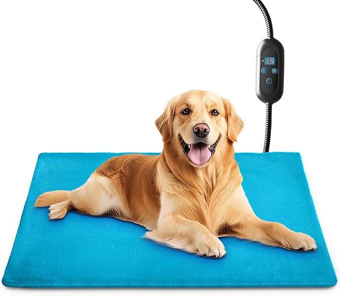 Pet Heating Pad with 6 Adjustable Temperature Settings, Heated Cat Mat with Built-In Smart Thermostat, Chew-Resistant Cord, Removable & Washable Plush Cover, Waterproof Material, 27.5 x 15.7 Inches