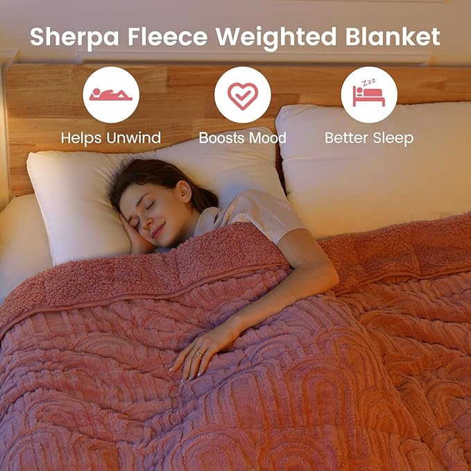 Sherpa Fleece Adult Weighted Blanket Great for Sleep, 15 lbs Dual Sided Soft Fuzzy Heavy Blankets for Couch Bed Sofa, Cozy Warm Arched Jacquard Throw for Winter (Apricot Pink, 60" x 80", 15 Pounds)