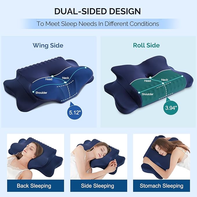 Cervical Pillow for Neck Pain Relief - Cooling Ergonomic Dual-Sided Orthopedic Neck Pillow with Ice Silk Pillowcase, Breathable Memory Foam Contour Pillow for Side, Back, Stomach Sleepers,All Black