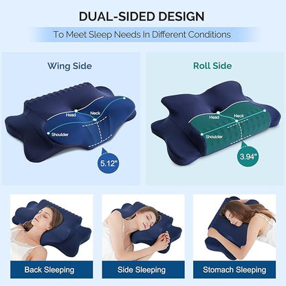 Cervical Pillow for Neck Pain Relief - Cooling Ergonomic Dual-Sided Orthopedic Neck Pillow with Ice Silk Pillowcase, Breathable Memory Foam Contour Pillow for Side, Back, Stomach Sleepers,All Black