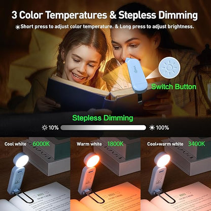 VAVOFO USB Rechargeable Book Light, Blue Lighting Blocking, Amber Light Clip On Bookmark Shaped 6 LEDs Reading Light, Eye Care for Bookworms Reading in Bed with 9 Lighting Modes (Light Blue)