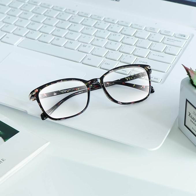 VisionGlobal Blue Light Blocking Glasses for Women, Anti Eyestrain, Computer Reading, TV Glasses, Stylish Square Frame, Anti Glare(Floral,+5.75 Magnification)
