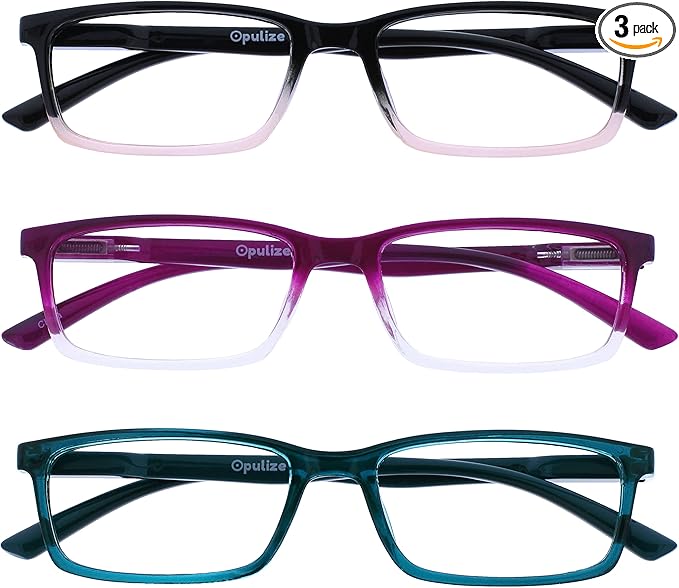 OPULIZE SEE Reading Glasses with Blue Light Blocking for Women and Men, Narrow Frame, Spring Hinges, Computer Gaming Glasses, Black to Pink,Purple,Turquoise +1 (Pack of 3)