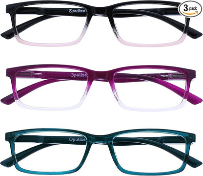 OPULIZE SEE Reading Glasses with Blue Light Blocking for Women and Men, Narrow Frame, Spring Hinges, Computer Gaming Glasses, Black to Pink,Purple,Turquoise +1 (Pack of 3)