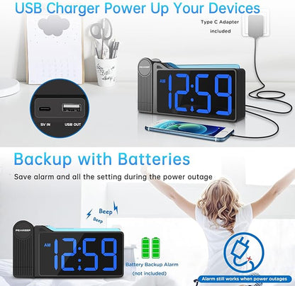 Peakeep Projection Alarm Clock for Bedroom Ceiling 180° Rotatable, Loud for Heavy Sleepers, Colorful Nightlight, 5 Brightness Dimmable Large Number Bedside Electric LED Digital Clock with USB Port