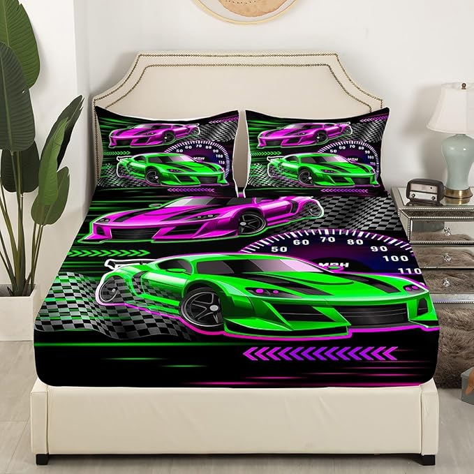 Competition Themed Fitted Sheet Queen Size,Cool Colorful Sports Car Soft Bed Cover(1 Fitted Sheet+1 Pillow Case),Extreme Sports Breathable Mattress Cover