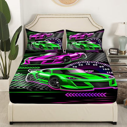 Competition Themed Fitted Sheet Queen Size,Cool Colorful Sports Car Soft Bed Cover(1 Fitted Sheet+1 Pillow Case),Extreme Sports Breathable Mattress Cover