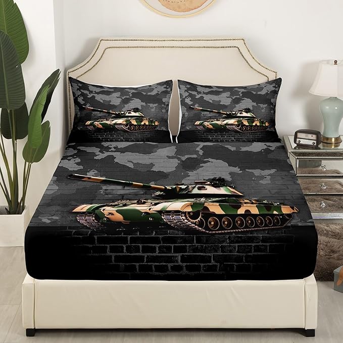 Manfei Tank Sheet Set Queen Size, Grey Camouflage Wall Print Bed Sheet Set 4pcs with Deep Pocket Fitted Sheet + Flat Sheet + 2 Pillowcases, Camo Vintage Style Bedding Set for Kids Boys Teen Room Decor