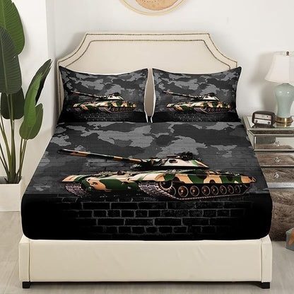 Manfei Tank Sheet Set Queen Size, Grey Camouflage Wall Print Bed Sheet Set 4pcs with Deep Pocket Fitted Sheet + Flat Sheet + 2 Pillowcases, Camo Vintage Style Bedding Set for Kids Boys Teen Room Decor