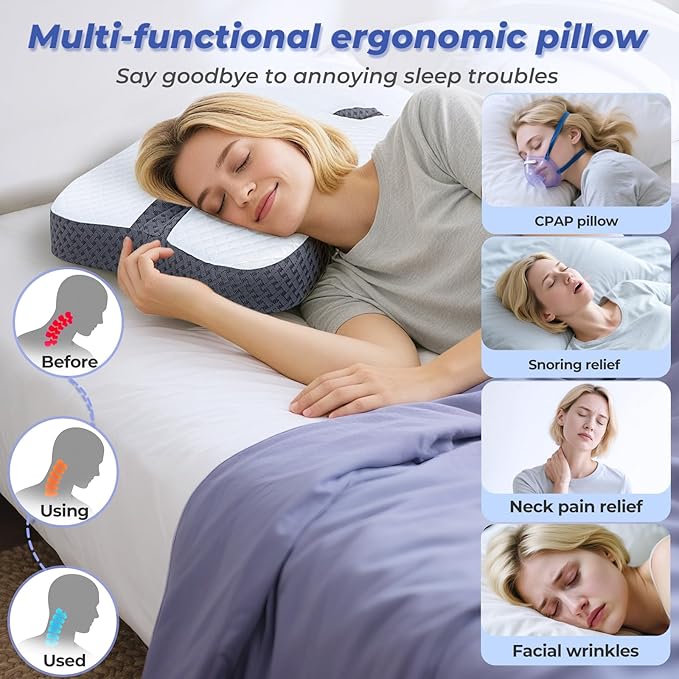 Anti-Snore Pillow for Side Sleepers, Snoring Pillows for Men & Women, Memory Foam Pillow for Snoring Relief, Multifunctional Ergonomic Design for Side Sleeper - Dark Grey