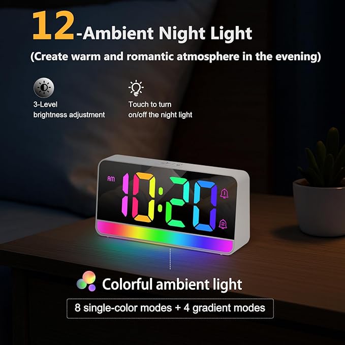 Super Loud Alarm Clock for Heavy Sleepers Adults, Teens, Kids, Digital Alarm Clocks for Bedrooms, White Digital Clock with Adjustable RGB Color/Night Light/Brightness/Dimmer/Volume, USB Port