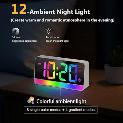 Super Loud Alarm Clock for Heavy Sleepers Adults, Teens, Kids, Digital Alarm Clocks for Bedrooms, White Digital Clock with Adjustable RGB Color/Night Light/Brightness/Dimmer/Volume, USB Port