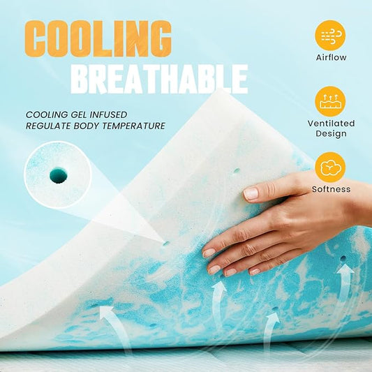 NEWBULIG Mattress Toppers Memory Foam, 4 Inch Thick Bed Topper Pad Cooling Gel Infused Soft Comfy Padding Breathable for Sleeper Sofa Couch RV Camper, CertiPUR-US Certified