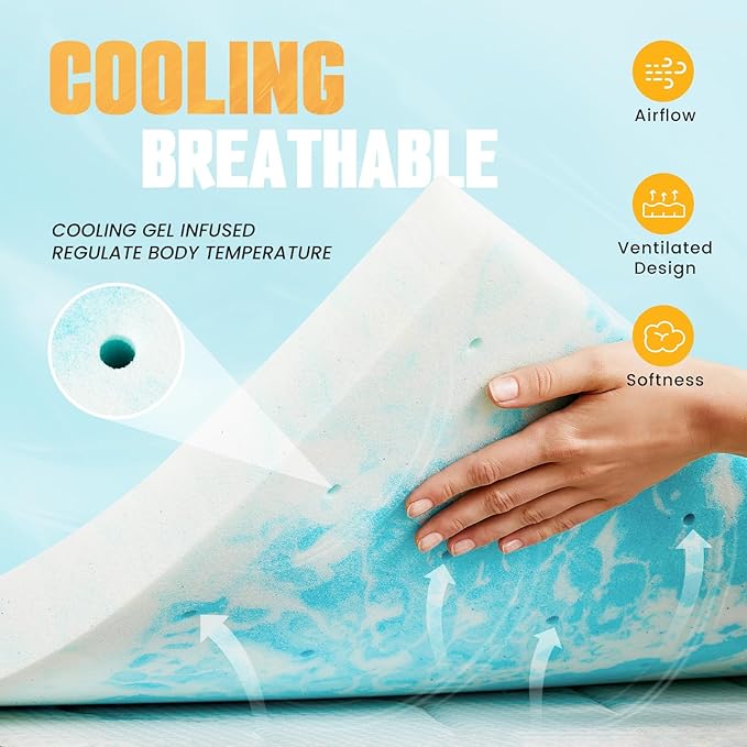 NEWBULIG 2 Inch Twin XL Cooling Gel Memory Foam Mattress Topper, Breathable Bed Pad for Sleeper Sofa, Couch, RV and Camper, CertiPUR-US Certified