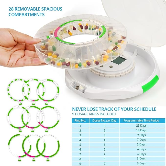 28-Day Bluetooth Automatic Pill Dispenser with Visual & Audio Alerts, 9 Dosage Templates, up to 9 Alarms/Day, Medication Organizer w/Lock Key for Vitamins, Prescriptions & More, Clear Lid