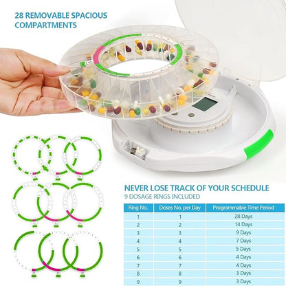 28-Day Bluetooth Automatic Pill Dispenser with Visual & Audio Alerts, 9 Dosage Templates, up to 9 Alarms/Day, Medication Organizer w/Lock Key for Vitamins, Prescriptions & More, Clear Lid