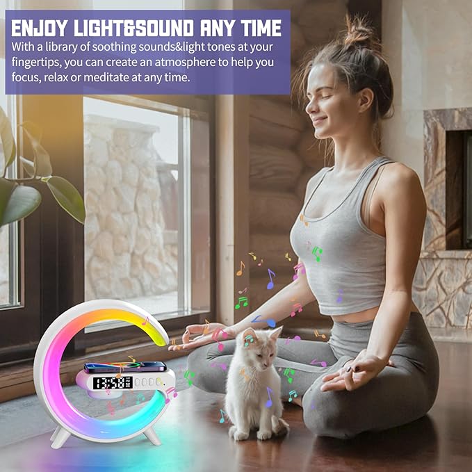 LED Atmosphere Lamp, Mini G Type Charging Ambient Lamp, Bedside Night Smart Light with Alarm Clock, 15W Charger, for Bedroom Home Decoration (Black Plug-in Type)